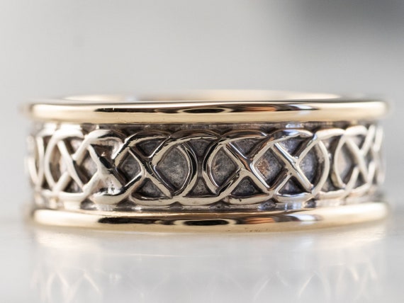 Patterned Two Tone Gold Wedding Band, Lattice Pat… - image 2