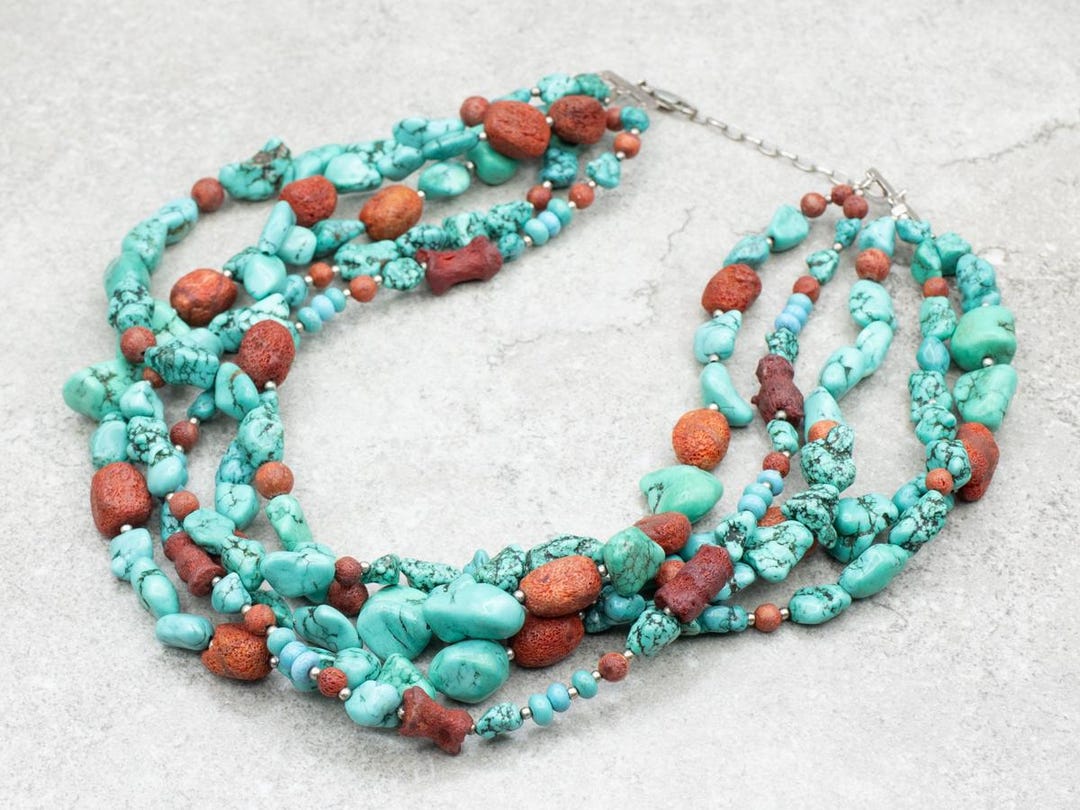 Multi Strand Turquoise and Coral Beaded Necklace, Sterling Silver