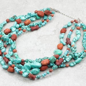 Multi Strand Turquoise and Coral Beaded Necklace, Sterling Silver Beaded Necklace, Beaded Jewelry, Gifts for Her A59677