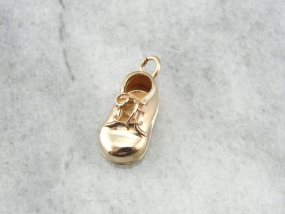 A Date to Remember Baby Shoe Charm in 14 Karat Yellow Gold - Antique Jewelry Mall