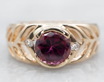 14K Yellow Gold Rhodolite Garnet Ring, Diamond Accents