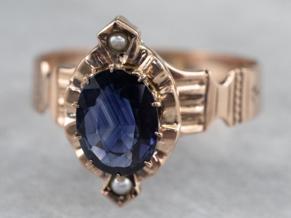 Victorian Sapphire and Seed Pearl Ring, Antique S… - image 2