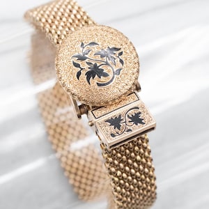 Victorian Gold and Black Enamel Adjustable Mesh Bracelet, Victorian Bracelet, Vintage Bracelet, Mesh Bracelet, Yellow Gold Bracelet A54498