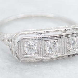 Late Art Deco Three Stone Diamond Ring, Three Stone Diamond, Diamond Engagement, Anniversary Ring, Filigree Gold Ring, Estate Ring A61645