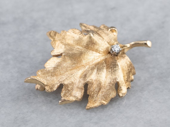 Diamond Gold Leaf Brooch, Leaf Pin, Autumn Brooch… - image 3