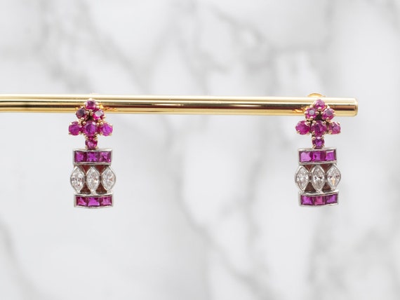 14K Gold Ruby Diamond Earrings, Two Tone Dangle E… - image 5