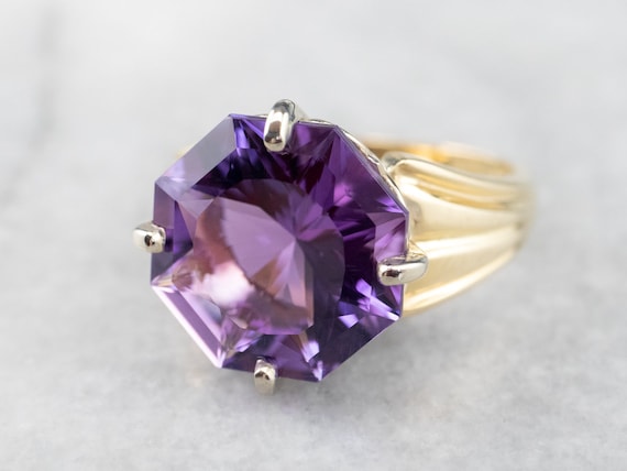 Fancy Cut Amethyst Cocktail Ring, Two Tone Gold A… - image 1