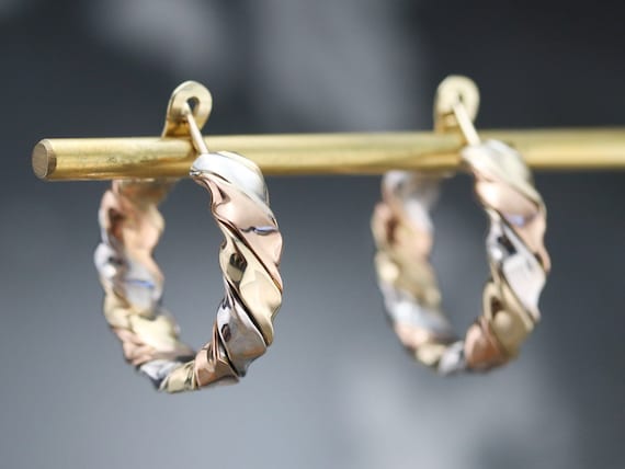 Tricolor Gold Twist Hoop Earrings, Mixed Metal Ho… - image 8