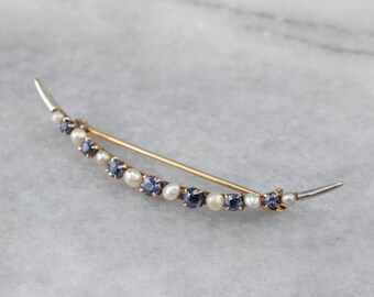 Antique 14K Gold Sapphire Pearl Crescent Moon Brooch, Art Nouveau