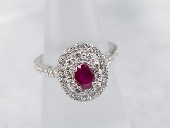 Ruby and Diamond Double Halo Ring, 14K White Gold - image 7