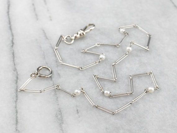 14K White Gold Pearl Chain, Vintage Pocket Watch Chain Bracelet