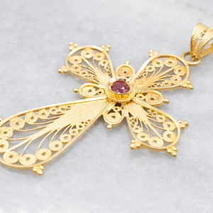 Ornate Gold Filigree and Ruby Cross, 18K Yellow Gold Cross, Religious Jewelry, Bridal Jewelry, Unisex Cross, Large Gold Cross A9251