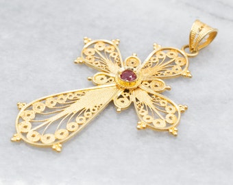 18K Yellow Gold Filigree Cross Pendant, Ruby Center