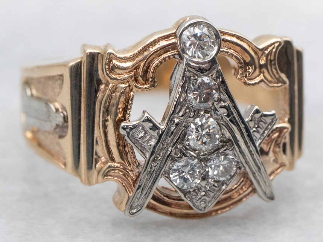 Vintage 10K Gold Masonic Ring, Diamond Accent, Two-tone Design - Etsy