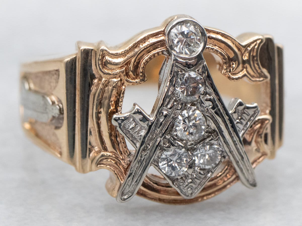 Vintage 10K Gold Masonic Ring, Diamond Accent, Two-tone Design - Etsy