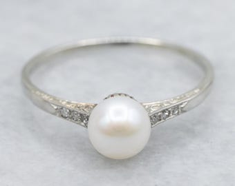 Engraved Gold Pearl and Diamond Antique Ring, 18K White Gold