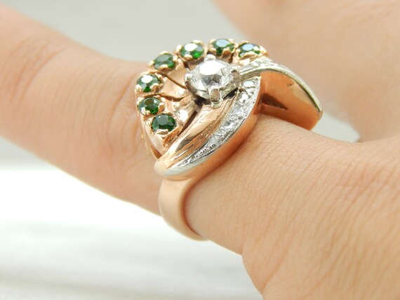 Retro 1940's Flair Rose Gold Diamonds and Green G… - image 5