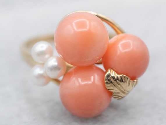 Mid Century Coral and Pearl Cocktail Ring, Yellow… - image 1