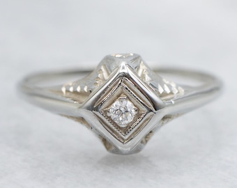 Art Deco Old Mine Cut Diamond 18K White Gold Engagement Ring