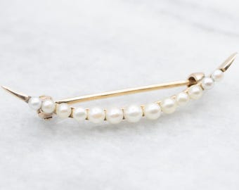 Antique 14K Yellow Gold Seed Pearl Crescent Moon Brooch, Art Nouveau
