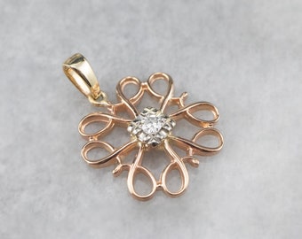 Diamond Filigree Pendant, Tri Color Gold Pendant, Layering Pendant, April Birthstone, Gift for Her, Bridal Jewelry, LCFYDPKJ