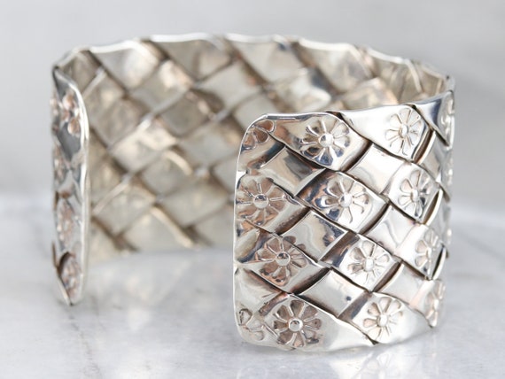 Wide Sterling Silver Cuff Bracelet, Floral Cuff B… - image 3