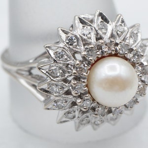 White Pearl Diamond Cluster Ring, White Gold Pearl Ring, Pearl Halo Ring, Pearl Cocktail Ring, Anniversary Gift, Pearl Jewelry A13711 image 3