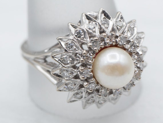 White Pearl Diamond Cluster Ring, White Gold Pear… - image 3