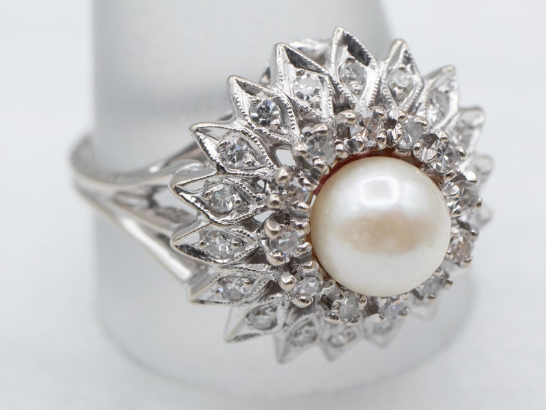 White Pearl Diamond Cluster Ring, White Gold Pearl Ring, Pearl Halo Ring, Pearl Cocktail Ring, Anniversary Gift, Pearl Jewelry A13711 image 3