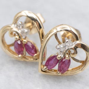 Marquis Ruby and Diamond Sweetheart Stud Earrings, Yellow Gold Heart Stud Earrings, Gemstone Earrings, Heart Jewelry, Gifts for Her A68495