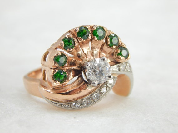 Retro 1940's Flair Rose Gold Diamonds and Green G… - image 2