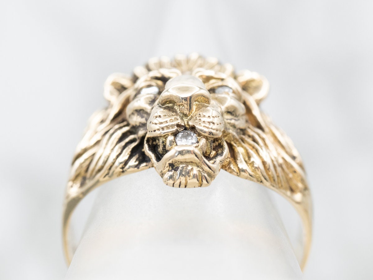 14K Yellow Gold Lion Head Ruby Eyes Diamond Mouth Size 7.75 Men's Pinky Ring  9g | eBay