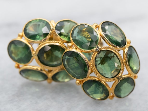Green Sapphire Cluster Stud Earrings, Yellow Gold… - image 2