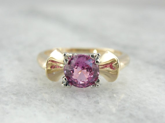 1940's Retro Pink Sapphire Ring, 14K Yellow and W… - image 1