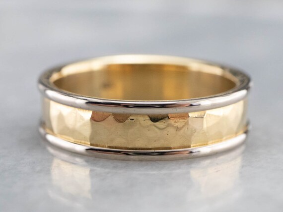 Hammered 18K Gold Wedding Band, Two Tone Stacking Ring