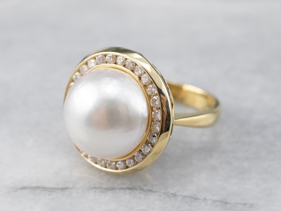 Mabe Pearl Cocktail Ring, Pearl and Diamond Halo … - image 3