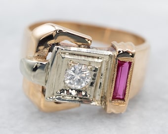 Vintage 14K tweekleurige gouden diamanten synthetische robijnkleurige gespring