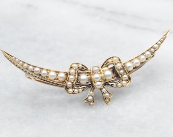 Spilla antica in oro 14 carati con perle, spilla a nastro con mezzaluna in stile Art Nouveau
