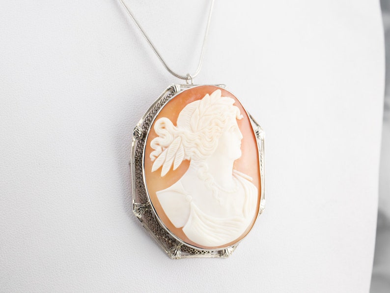 Art Deco Demeter Cameo Brooch, Goddess Cameo, Vintage Cameo White Gold Pendant, Pendant Brooch, AAJP2X81 image 8