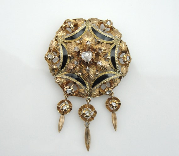 Antique Rose Cut Diamond Brooch, Victorian Era Fe… - image 2