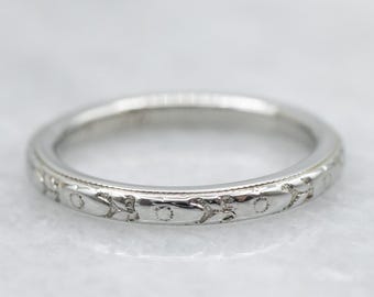 Art Deco 18K White Gold Floral Wedding Band, Patterned Stacking Ring