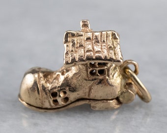 14K Gold Shoe House Charm, Enamel Fairy Tale Pendant