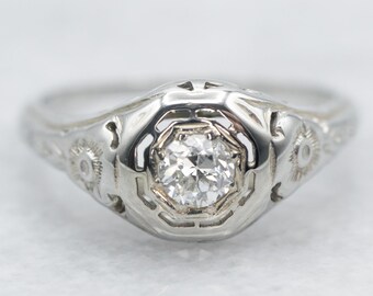 Art Deco European Cut Diamond Ring, 18K White Gold Filigree