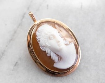14K Yellow Gold Shell Cameo Pendant Brooch