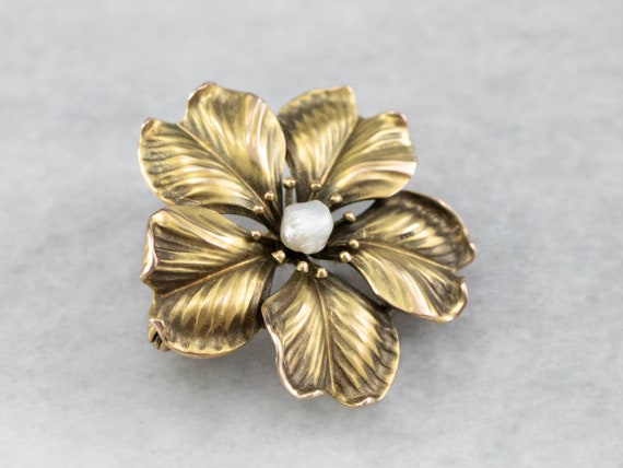 Antique Baroque Pearl Flower Pin or Pendant, Yell… - image 3