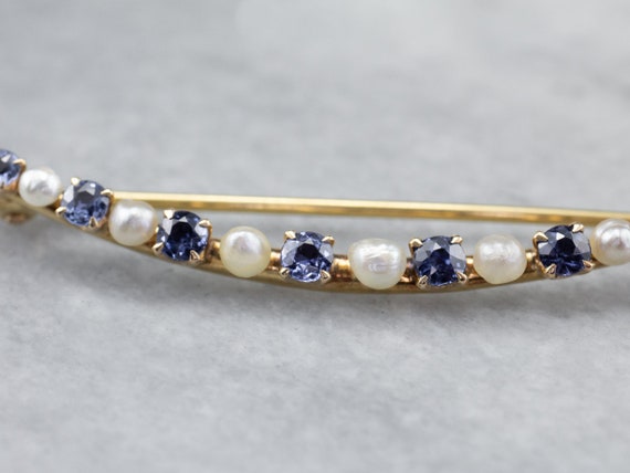 Crescent Moon Sapphire and Pearl Brooch, Yellow G… - image 8