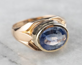 Sapphire Gold Statement Ring, Men's Sapphire Ring, Vintage Sapphire Ring, Retro Men's Ring, QR0KA005