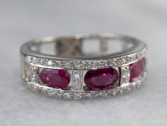 14K White Gold Ruby Diamond Band, Anniversary Ring - image 3