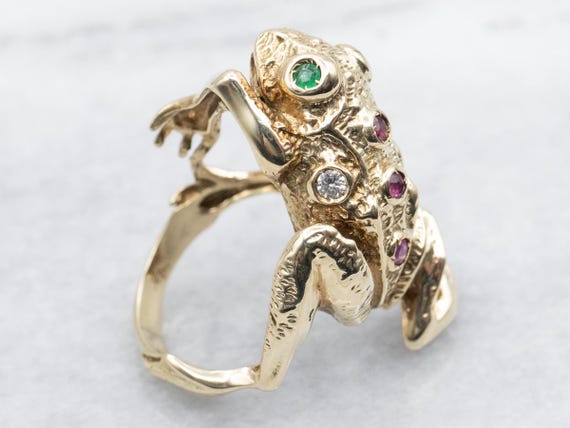 14K Yellow Gold Gemstone Tree Frog Ring, Ruby Eme… - image 2