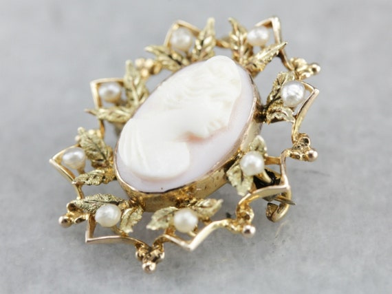 Art Nouveau Cameo Pin, Cameo and Seed Pearl, Came… - image 2